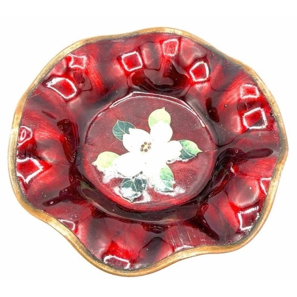 Other - Vintage Red Cloisonné Enamel On Brass Ruffled Edge Bowl With Floral Motif